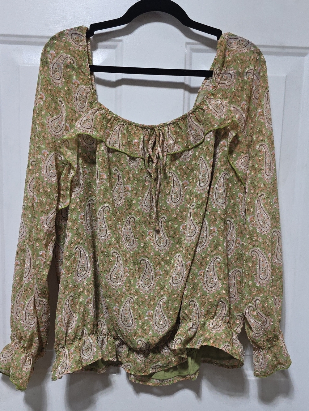 DR2 Olive Green Paisley Ruffled Peasant Tunic